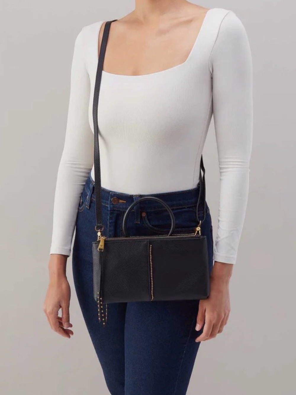 HOBO Sable Crossbody Bag - Black Pebbled Leather with Gold Studs - Picture 2 of 7